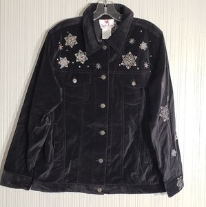 Quacker Factory Black Velour Snowman Embroidered Jacket,  "Capture the Magic"